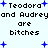 Pixelated text repeats 'Teodora and Audrey are bitches' with blue plus symbols on a light background.