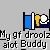 Pixelated cartoon character in blue bed with white sheets, yellow body, and white head, repeatedly saying 'My gf droolz My gf droolz My gf droolz' with changing expressions and text like 'hun?', 'wtf?', 'AHH!!!'