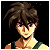 Pixelated character with brown hair and dark bangs, wearing a dark green sleeveless top against a black background.
