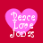 Four pink heart-shaped icons with white text reading Peace Love Joy on a red background, each displaying subtle pixel-level animation changes.