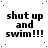 identical text-based icons displaying 'shut up and swim!!!' in bold black letters on a white background with scattered purple dots