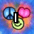 Pixelated icon with blue background, peace symbol, pink heart, and green smiley face; text changes from 'I' to 'heart' to 'John'.
