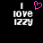 Pixelated text 'I love Izzy' with a pink heart symbol above the word 'love', displayed on black background.
