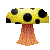 Pixelated mushroom with yellow cap and black spots, brown stem, surrounded by red and green square containing text fragments