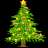 Pixelated Christmas tree icon with yellow star, green foliage, and changing ornament colors across three frames on black background.