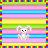 Pixel art bunny with pink ears and feet sits on striped background; text "hoppy easter" in varying colors above.