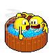 Two yellow cartoon characters in a brown wooden tub filled with blue water, steam rising from the top left of the tub.