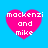 Four pink heart shapes on a blue background, each containing white pixelated text reading "mackenzi and mike" with slight variations in heart shape across frames.