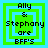 Four identical pixelated green and blue square frames with black text reading "Ally & Stephany are BFF's" arranged in a