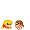 Pixel art animation of two characters: a blonde character with red scarf and brown-haired character, showing combat actions including attacks, defensive poses, and falling.