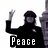 A pixelated figure in a dark uniform with a peaked cap raises one hand in a peace sign, standing before a stone structure.