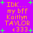 Pixelated orange text on purple background with green stars, repeating 'IDK... my bff Kaitlyn TAYLOR <333' in four identical sections.