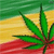 Green cannabis leaf with serrated edges on a tri-color striped background of green, yellow, and red.