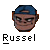 Pixelated icon of a person wearing a blue cap, with brown hair visible at the sides, and the name "Russel" displayed below in blocky white text on a gray background.