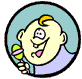 Cartoon character with light skin, orange hair tuft, and purple shirt holding a green-and-pink striped object in circular teal frame.