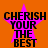 Four identical pixelated icons arranged in a , each featuring a pink star with black text reading "CHERISH YOUR THE BEST" on an orange background