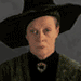 Professor McGonagall in a green patterned robe, black turtleneck, and black witch hat with a silver brooch, displayed in a of nine with varying text overlays