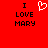 Red background with black text reading "I LOVE MARY" on both sides of a white pixelated heart symbol.