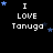 Black background with white pixelated text 'I LOVE Tanuga' and blue star symbols in various positions