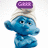 Four blue-skinned Smurf characters with distinct hats and poses, each paired with purple text banners displaying phrases like "GIGGLE" and "LALALALALA," set against a white background.