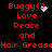 Red pixelated text on black background reads 'Buggy<3 Love Peace and Hair Grease' with animated white pixel bursts near the '<3' symbol.