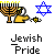 Animated contact sheet showing two identical frames of a Jewish-themed buddy icon featuring menorah, running figure, and Star of David with text overlays.
