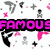 Pixelated animation featuring repeated 'FAMOUS' text in pink, cyan, and purple with black outlines over a white background of small icons.