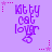 Purple pixelated text 'kitty cat lover' with a heart symbol, surrounded by pink stars and dotted lines on a light purple background.