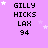 Pixelated text 'GILLY HICKS LAX 94' on purple background with white stars, animated star positions across frames.