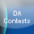 Blue and white gradient background with a vertical light blue arc on the left, displaying text that changes between 'DA Contests' and 'Win Stuff NOW!' across frames.
