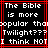 Pixelated text on black background with red lines, displaying a comparison between 'The Bible' and 'Twilight' with repeated question marks