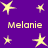 Purple background with yellow stars and repeated text "Melanie" in pixelated font across four