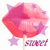 Four identical pink lips on a stick with purple stars and hearts, each labeled 'sweet' in cursive text.