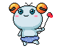 Pixel art contact sheet of a light blue cartoon character with orange antennae, wearing blue shorts and holding red heart-shaped objects across seven animated frames showing pose and expression changes.