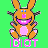 Pixel art contact sheet showing two animated frames of a cartoon rabbit mascot with exaggerated grin, one orange on green background and one pink on purple background, both displaying the word IDIOT below.