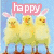 Animated Easter-themed buddy icon showing three yellow chicks with bunny ears and a bowl of colorful eggs, each with pink text bubbles reading 'happy' and 'easter!'