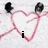 A heart-shaped drawing with two black circular eyes above it, accompanied by text elements that change across frames.