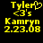 Yellow pixelated text on black background showing 'Tyler', '<3's', 'Kamryn', and '2.23.08' with a heart symbol replacing the 'y' in Tyler.