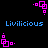 A black background displays multiple pink square-based pixel art icons and blue text reading "Livilicious" in a