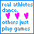 Four 48x48 pixel buddy icons arranged in a contact sheet, each displaying the text "real athletes dance. others just play games" with three heart symbols that change color across frames.