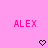 Pink background with two identical pixelated 'ALEX' text blocks and black heart symbols below each.
