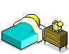 Animated sequence of a yellow-haired figure in bed with blue sheets, interacting with a brown nightstand and yellow alarm clock.