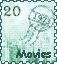 Two side-by-side pixelated stamps with greenish background, '20' in top-left corner, jellyfish illustration, and 'Movies' text at bottom.