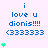 Pixelated blue text reads "i love u dionis!!!" with six <333333 symbols below, surrounded by green heart icons on a light purple background.