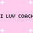 Pink background with white starbursts and repeated black text reading "I LUV COACHI LUV COACH" in two horizontal lines.