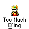 Animated pixel art contact sheet showing seven frames of a cartoon character wearing a crown and red robe with text "Too Much Bling" below each frame.