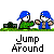 Pixel art animation of two blue-hatted figures in green and blue clothing performing a jump-around motion on a grassy background with text below.