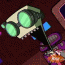A pixelated character with large green goggles, dark body, and purple accents appears in a of