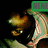 Pixelated image of a character with green hair and brown clothing holding a golden object against black background.