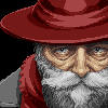 Pixel art of an elderly man with a red hat and scarf, gray beard, and neutral expression against black background.